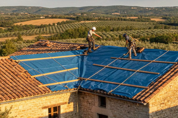 Bâchage professionnel d'urgence sur un toit endommagé suite à un sinistre ou une tempête dans la région de Kervignac