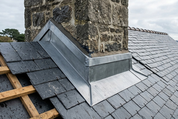 Détail technique d'un élément de zinguerie sur-mesure posé sur une toiture pour assurer l'étanchéité d'un abergement de cheminée